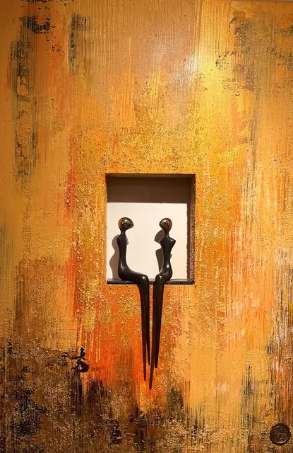 Our home, Acryl op hout met bronzen beeld, 60 × 90 cm