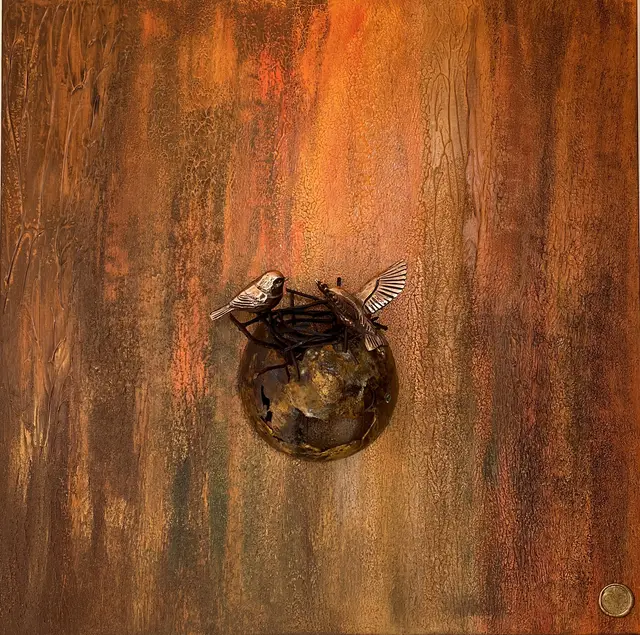 Ons nest, Brons en acryl op hout, 80 × 80 cm