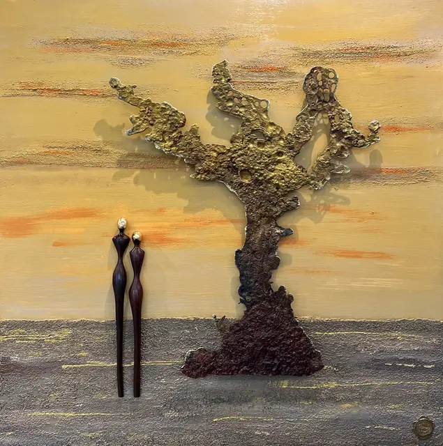 De levensboom, Brons en acryl op hout, 1 × 1 m