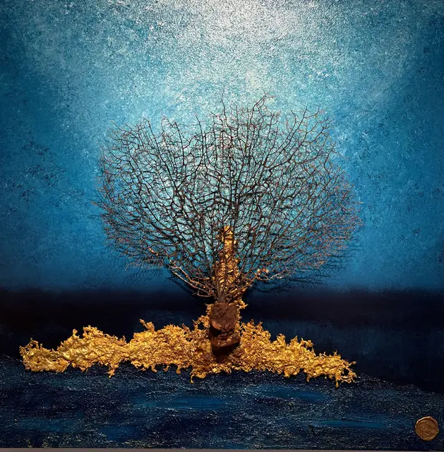 Onderwater beleving, Brons en koraal en acryl op hout, 80 × 80 cm