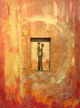 Our home, Brons en acryl op hout, 80 × 50 cm
