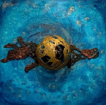 Global warming, Brons en acryl op hout, 80 × 80 cm