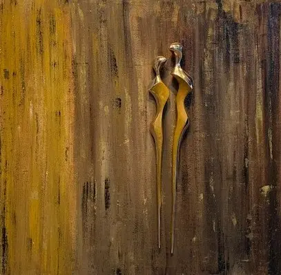 Entwined, Brons en acryl op hout, 80 × 80 cm