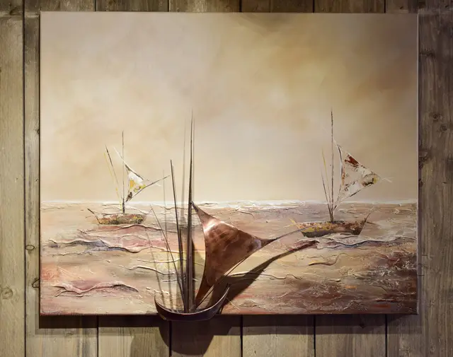 Met de wind in de zeilen, Roodkoper en acryle op doek