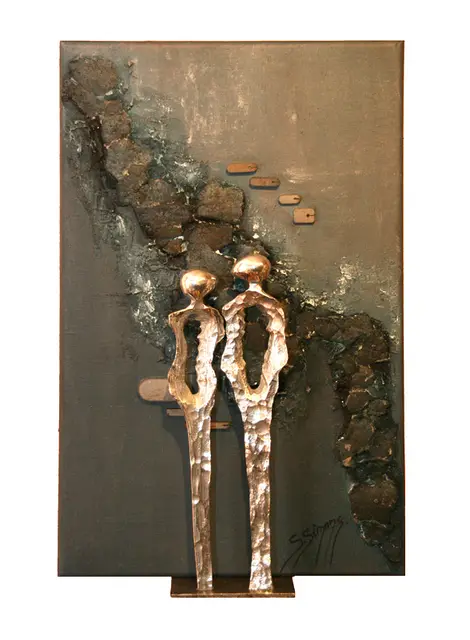 Koppel, Brons en acryl op doek, hoogte 60 cm